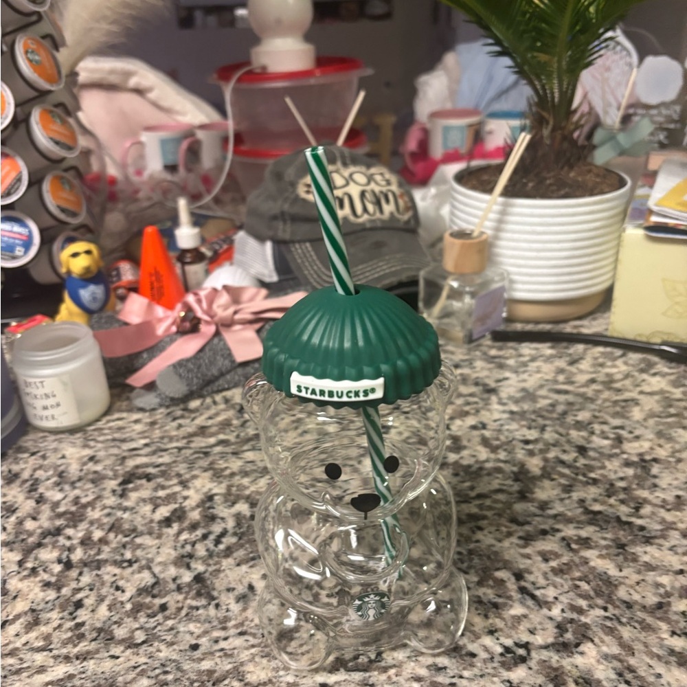 Starbucks Clear Bear Tumbler with Green Lid and Straw